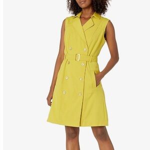 Sharagano Sleeveless Trench Midi Dress Womens Sz 16 Bright Yellow Pockets Belted